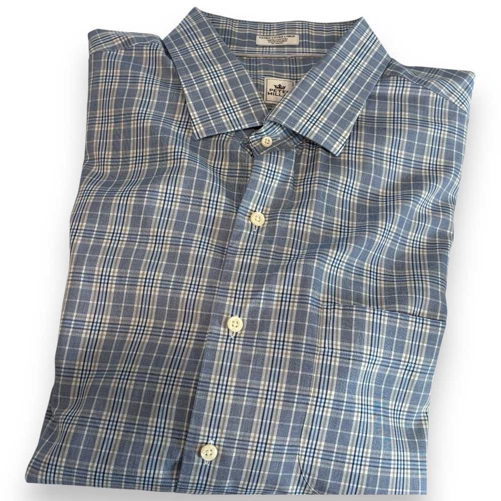 Peter Millar Dress Shirt Mens 2XL Blue Check Plaid 100% Cotton Button Up‎